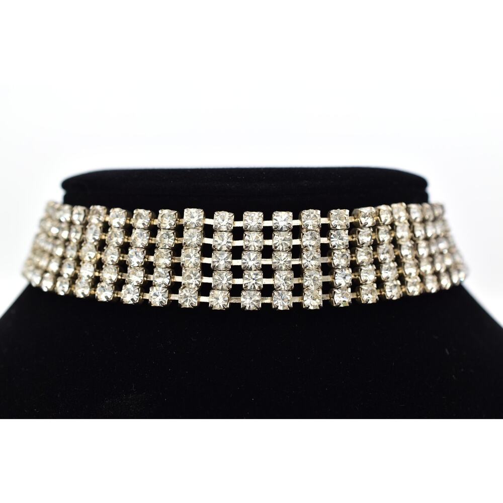 Crystal Multi-Row Choker Necklace - Silver Tone